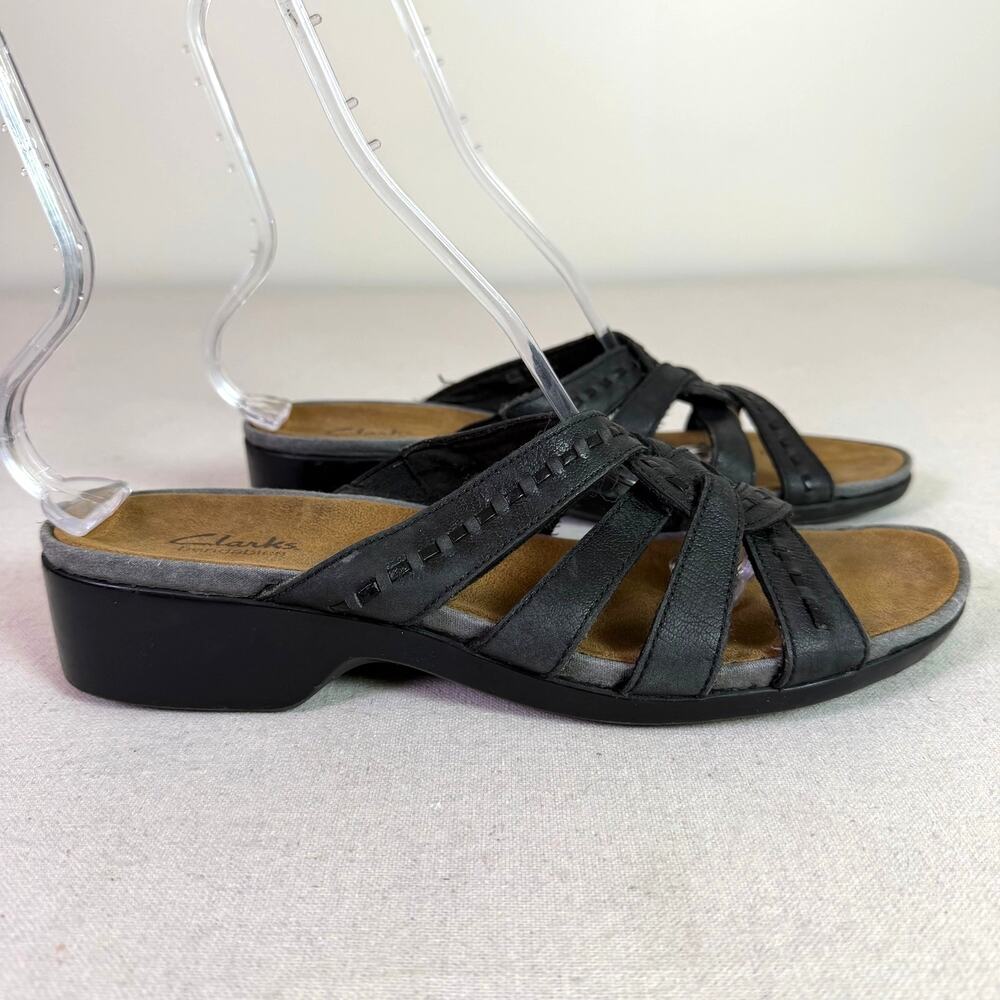 Clarks Bendables Black Leather Slide Sandals Womens 11N Gina Eagle Comfort Mules - Picture 11 of 11